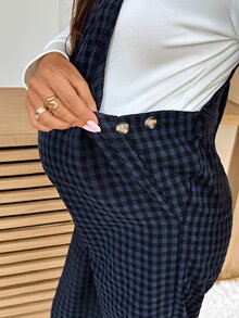 SHEIN Plaid Button Design Wide Leg Overalls Pregnant Women Autumn Plus-Size Navy Blue Maternity Jumpsuit (55 Cotton) Formal Photoshoot 1920 Vintage Casual - Blue - View 7