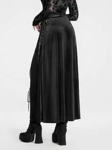 Breakform Gothic Halloween Women's Black Draped Pleated Texture High Waist, Double Side High Slit Design, Dark Punk Daily Solid Color Skirt - Black - View 2