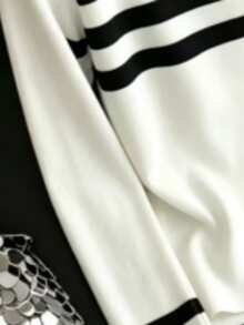 Resyla Women's Striped Regular Round Neck Fitted Long Sleeve Sweater - Black and White - View 3