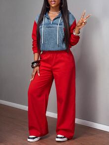 Slaydiva Setelan 2 Potong Wanita Ukuran Plus: Sweatshirt Berkerudung dengan Resleting dan Celana Jeans Lebar, Pakaian Kasual Longgar dengan Kombinasi Warna untuk Musim Gugur - Blue and White - View 3