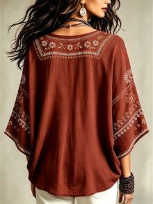 NostaNoir 波希米亞風仿刺繡花卉印花女款上衣，寬鬆V領蝙蝠袖七分袖上衣，休閒度假旅行襯衫，鐵鏽棕色夏季款 - 彩色 - 查看 2