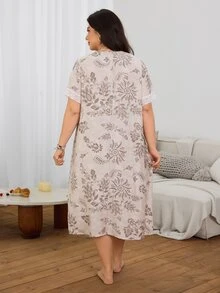 Serenescape Plus Size Women's Light Gray Deep V-Neck Lace Paisley Pattern Soft Draping Comfortable Bamboo Linen Woven Casual Vacation Midi Dress - Light Grey - View 2