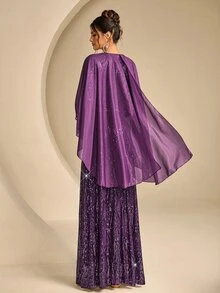 Coutiva 女款亮片披肩式正式晚禮服 - 深紫色 - 查看 3