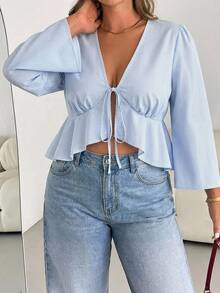 Shapeblank Plus Size Women's Front Tie Ruffle Hem Striped Shirt - Blue - View 2