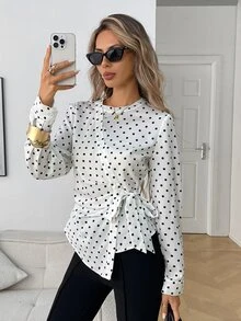Elyressa Blus Kasual Wanita Motif Titik-titik untuk Musim Gugur - Putih - View 6