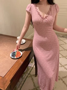 DAZY 碎花荷葉邊收腰長款女式睡袍 - 粉色 - 查看 6