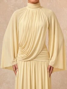 Lumalex Fall Winter Soft Comfortable Mesh Mock Neck Flowy Long Sleeve Ruched Draped Bodycon Dress With Flared Hem For Women Dawn-To-Gala Elegant Poised Let Yo - Apricot - View 7