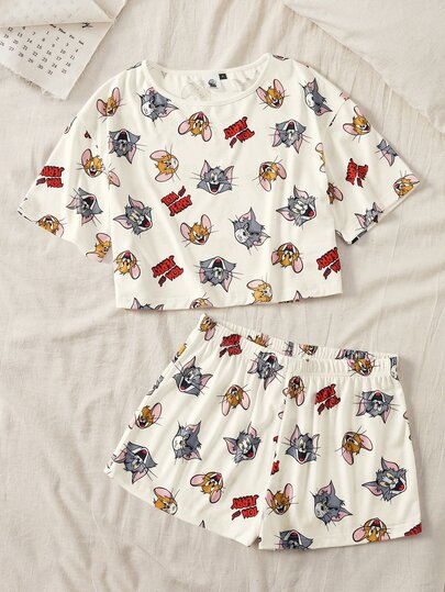 TOM & JERRY X SHEIN Women's Cute Cartoon Print Top And Shorts Pajama Set