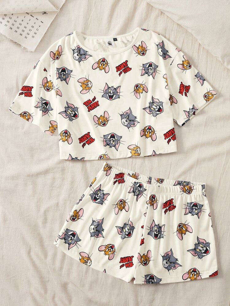 TOM & JERRY X SHEIN Women's Cute Cartoon Print Top And Shorts Pajama Set - White - View 1