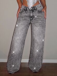 SHEIN PETITE Women's Casual Versatile Daily Travel Denim Jeans With Pockets, Buttons And Rhinestones - Light Grey - View 3