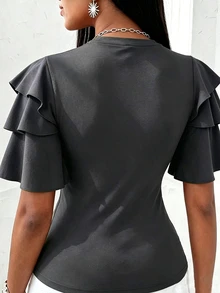 EMERY ROSE Camiseta de Talla Grande Versátil Estilo Francés con Puño de Volantes y Cuello Redondo - Gris Oscuro - Ver 2