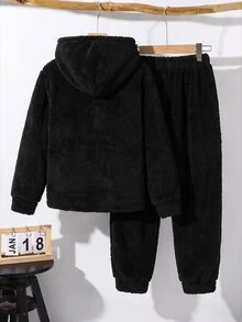 SHEIN Little Byeori 2件組男童冬季休閒返校穿搭套裝，包含刷毛半拉鍊連帽衛衣與寬鬆休閒慢跑長褲，秋季加厚保暖校園套裝 - 黑色 - 查看 2