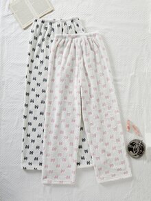 Napfluff Cute Autumn/Winter Plush Bowknot Print Long Pajama Pants 2 Pieces Set For Women - Multicolor - View 2