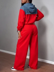 Slaydiva Setelan 2 Potong Wanita Ukuran Plus: Sweatshirt Berkerudung dengan Resleting dan Celana Jeans Lebar, Pakaian Kasual Longgar dengan Kombinasi Warna untuk Musim Gugur - Blue and White - View 5