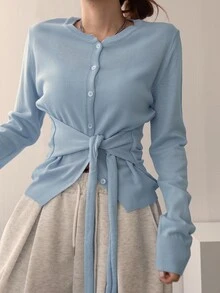 DAZY Women's Solid Color Sweet Button Tie Long Sleeve Knit Cardigan Fall - Blue - View 4