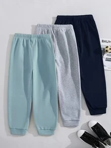 SHEIN 3件組兒童青少年男孩休閒百搭款黑色灰色多色運動長褲，適合通勤、上學、日常休閒外出、運動，春夏秋冬四季適用 - 彩色 - 查看 3