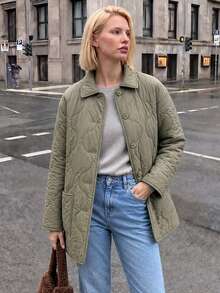 Struktiv Nordic Casual Style Solid Color Thin Loose Mid-Length Commuter Padded Coat - Olive Green - View 7