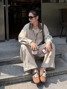 DAZY Women's Single-Breasted Long Sleeve Jacket And Loose Long Pants Denim Set Fall - Grey - View 5