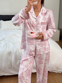 Napfluff Set Piyama Lengan Panjang dengan Motif Lukisan Tinta Kerut Gelembung dan Manset Kontras - Putih - View 5