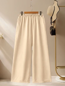 Lacomfia Women's Printed Shirt & Wide Leg Pants 2-Piece Set, Casual Comfortable Minimalist Daily Wear, Plus Size - Apricot - View 3