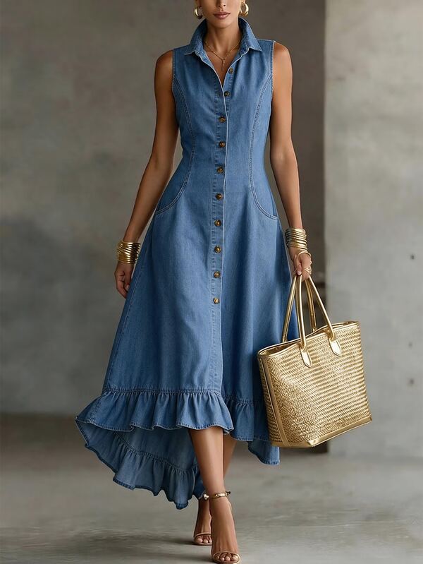 Balvessa Women's Front Button Ruffle Hem Denim Dress
