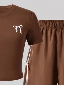 SHEIN Teen Girls 2pcs Polyester Round Neck Short Sleeve Long Regular Fit T-Shirt Set Fall Brown - Brown - View 3
