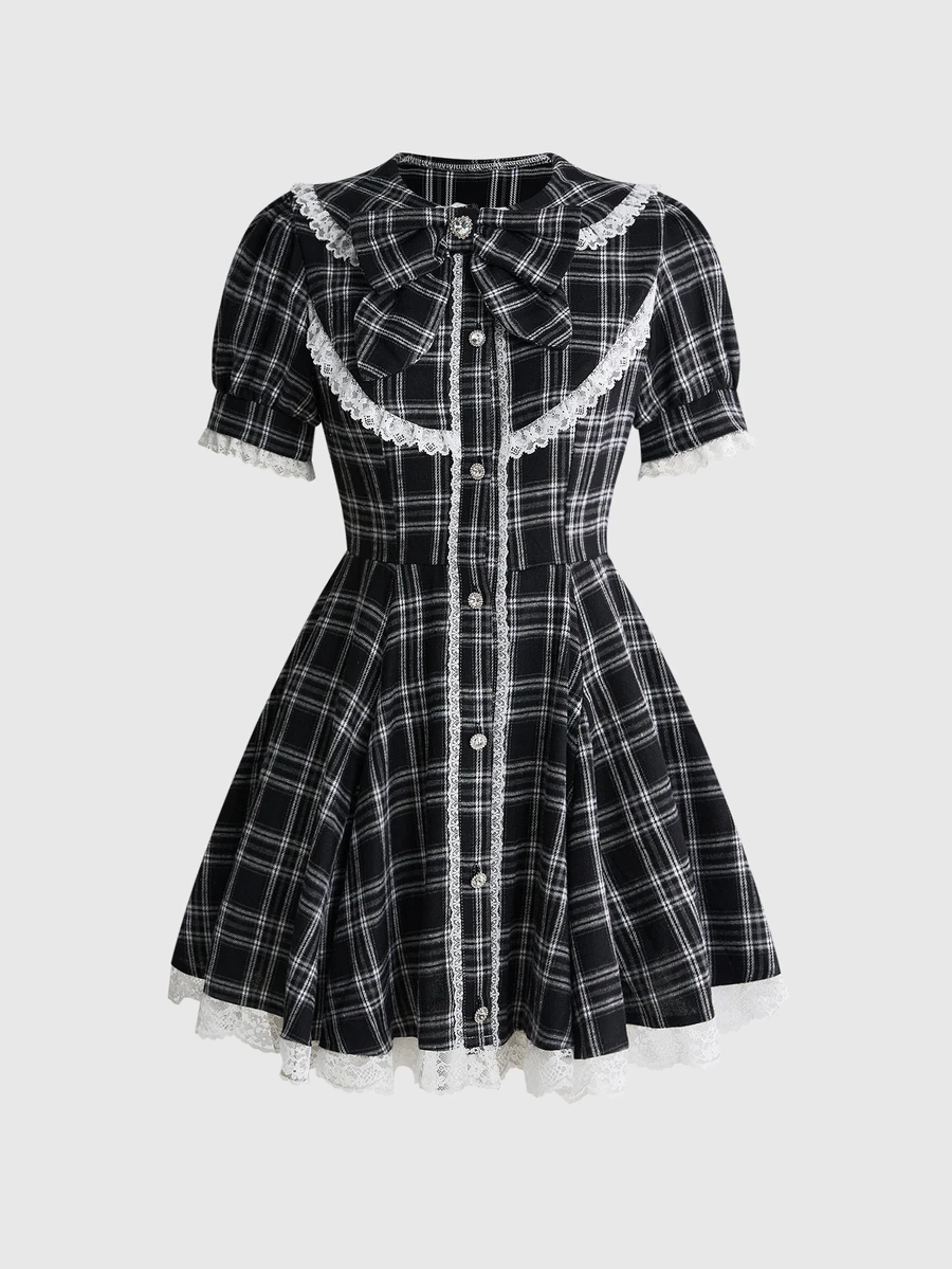 ROMWE Autumn/Winter Kawaii Sweet Plaid Bow Decor Cotton Fabric Lace Patchwork Peter Pan Collar Waist-Cinching A-Line Short Dress For Women - Black - View 1
