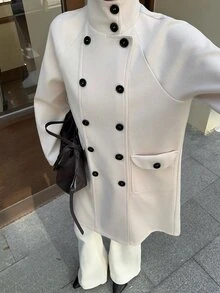 FavEase Women's Wool Blend Casual Commute Double-Breasted Solid Color Coat - Apricot - View 3