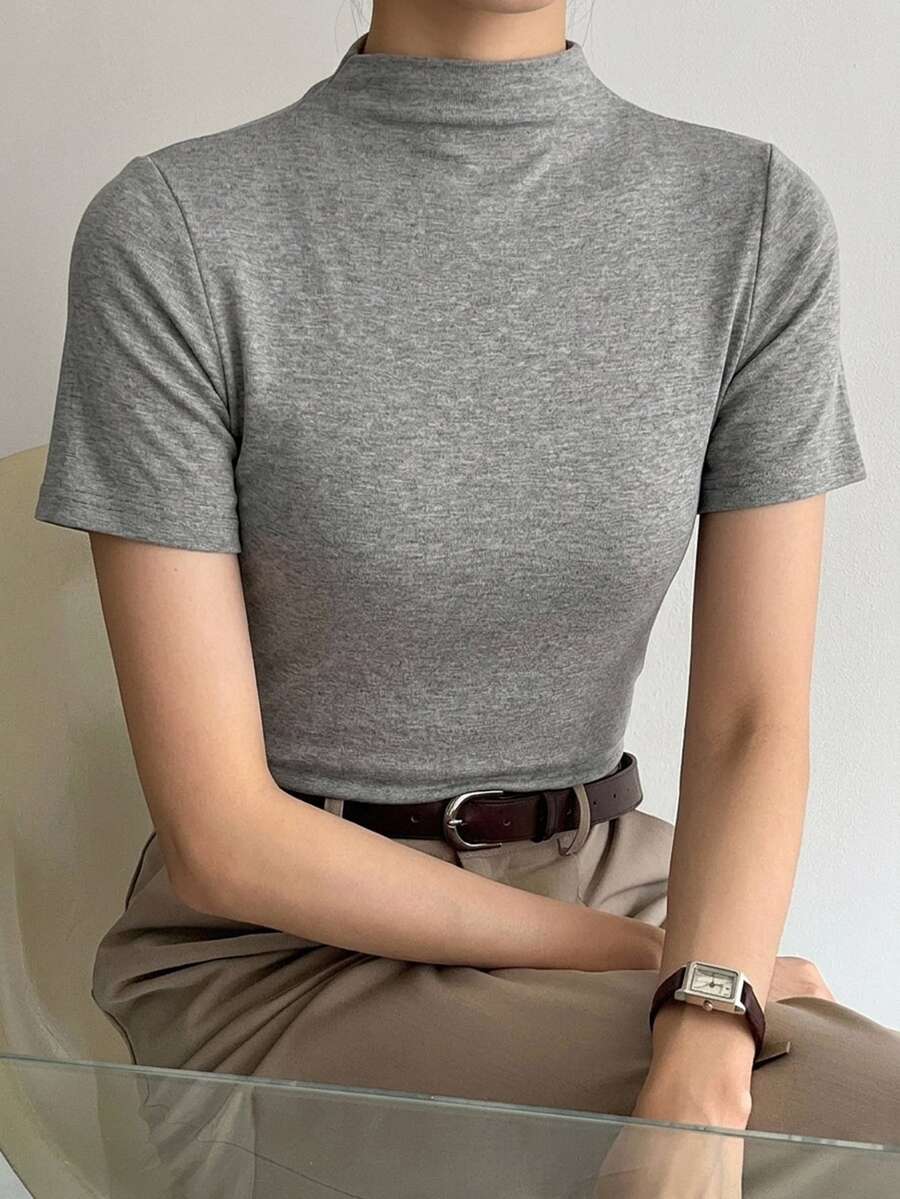 DAZY 女款純色立領短袖修身休閒百搭T恤 秋季 - 灰色 - 查看 1