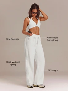 GLOWMODE Everyday Fleece Off-Duty Comfort Tall Sweatpants With Adjustable Drawstring Waist, Side Pockets & Vertical Piping Daily Casual Wear - White - View 3