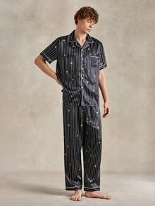 EverLounge Conjunto de ropa de estar en casa casual y lindo para hombres con top de manga corta y pantalones largos para dormir en casa, negro y dorado, verano - Multicolor - Ver 3