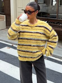Muchica 女款秋冬黃色與棕色對比圓領針織衫，適合通勤、街頭風、休閒、深冬、萬聖節、派對、聖誕節、新年、感恩節、婚禮、畢業典禮、優雅場合、外出 - 彩色 - 查看 7