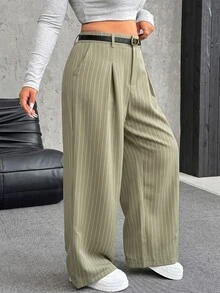 SHEIN EZwear Pantalones de pierna ancha casuales con cierre de botones y cinturón en unicolor para talla grande en otoño/invierno - Verde - Ver 7