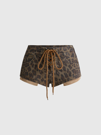Street Life Low Waist Sexy Hot Pants Denim Leopard Print Elastic Drawstring Women's Denim Shorts
