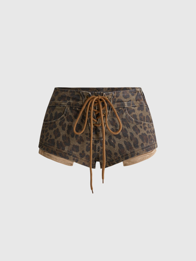ROMWE Street Life Low Waist Sexy Hot Pants Denim Leopard Print Elastic Drawstring Women's Denim Shorts