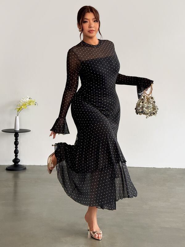 Firerie Plus Size Elegant Polka Dot Print Slit Dress