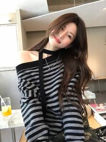 DAZY Women's Asymmetrical Shoulder Striped Long Sleeve Sweater Fall - Black - View 4
