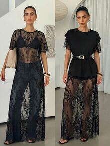 Reflora 大尺碼女款蕾絲性感透視約會與外出洋裝 - 黑色 - 查看 9