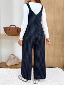 SHEIN Plaid Button Design Wide Leg Overalls Pregnant Women Autumn Plus-Size Navy Blue Maternity Jumpsuit (55 Cotton) Formal Photoshoot 1920 Vintage Casual - Blue - View 5
