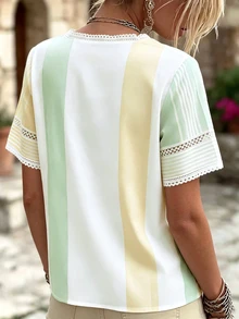 Selamara Women's Fashion Lace Patchwork Positioned Floral Print Short Sleeve V-Neck Top - Green - View 2