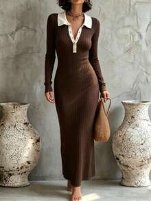 SHEIN New Ribbed Knit Midi Dress, Polo Collar Off-White Contrast, Slim Bodycon For Fall Winter - Coffee Brown - View 1
