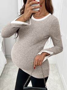 SHEIN Maternity Casual Colorblock Trim T-Shirt, Autumn Fall - Apricot - View 1
