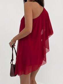 Aloruh Women's Sexy Vacation One-Shoulder Ruched Dress - Rose Red - View 2