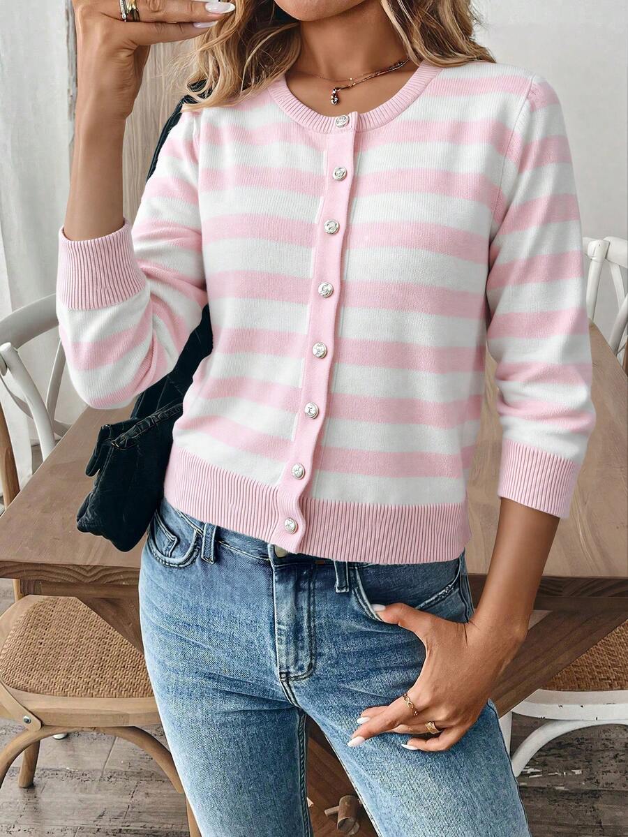 SHEIN Women's Casual Contrast Color Striped Long Sleeve Cardigan, Autumn/Winter - Multicolor - View 1