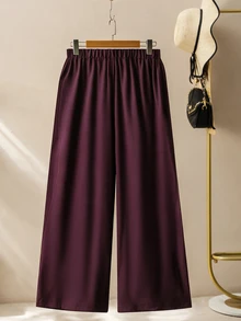 Seusyu 女款領口長袖蝴蝶印花休閒優雅 L'amoure 日常寬鬆大尺碼 2 件套 早午餐派對 粉紫色 秋季 - 酒紅色 - 查看 4