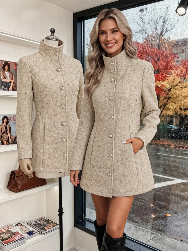 SHEIN ז'קט נשים בבד טוויד בגזרה רגילה, עם צוואון עומד, סגירה בטור אחד ומותה הדוקה, בסגנון וינטג' למסעות יומיומיים ודייטים