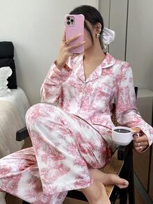 SHEIN 女款泡泡皺紋印花開襟領睡衣套裝 - 白色 - 查看 3