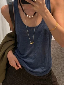 Livesso 女款修身寬鬆休閒圓領寬肩帶白色百搭背心上衣 秋季 - 藏蓝色 - 查看 1