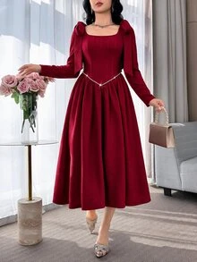 Feyla Women's Solid Color Shoulder Knot Long Sleeve Elegant Dress - Burgundy - View 5