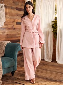 Lullawish Bohemian Relaxed Comfortable Cotton Blend Loose Ruffle Tie Women's Loungewear Set - Pink - View 5